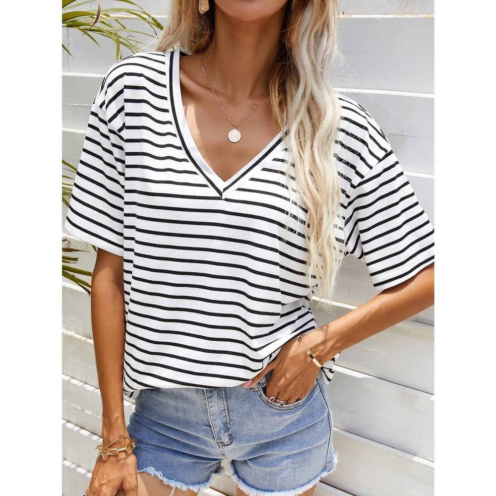 Classic preppy Striped V Neck Tee shirt top white black - Picture 1 of 11